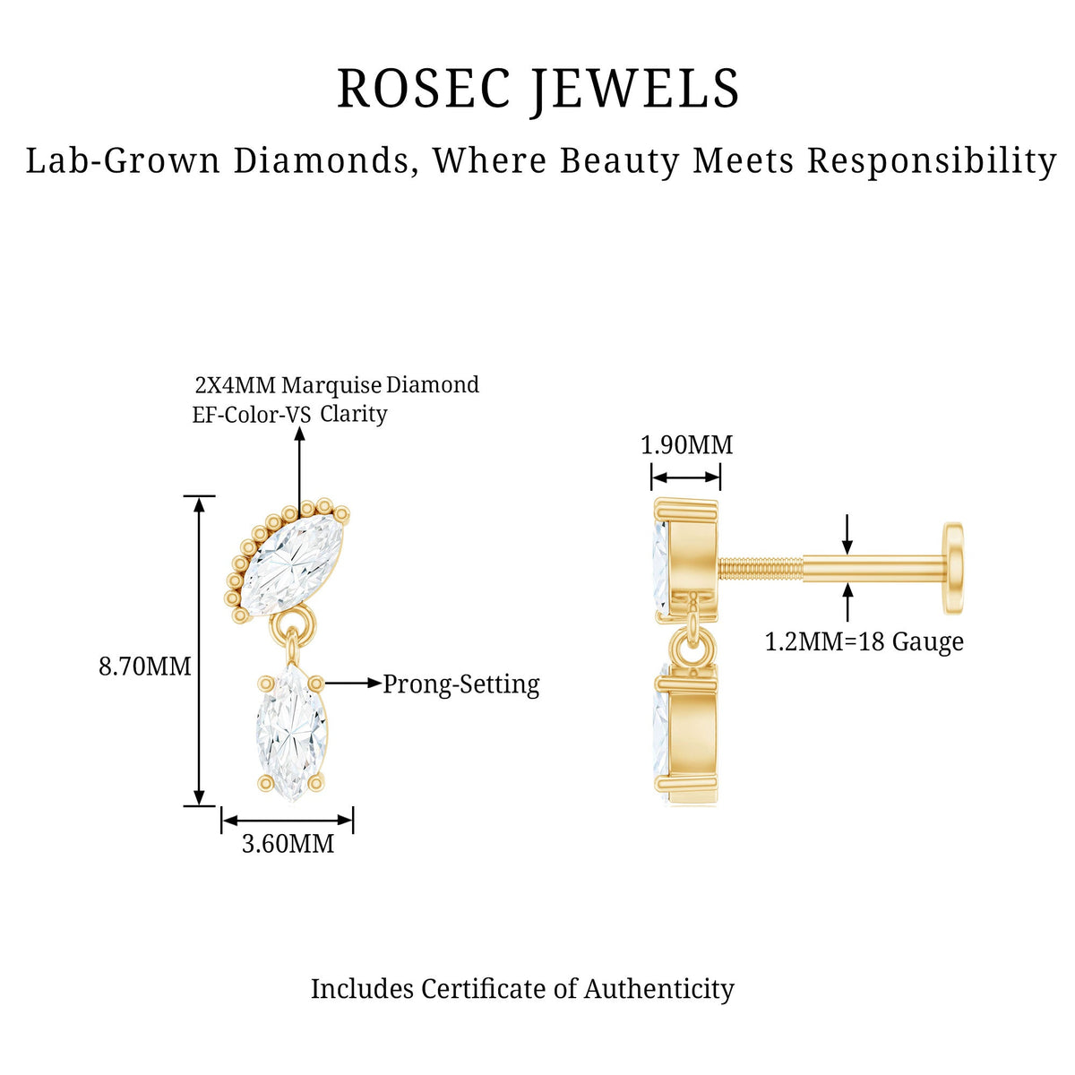 Certified Marquise Diamond Drop Earring for Helix Piercing