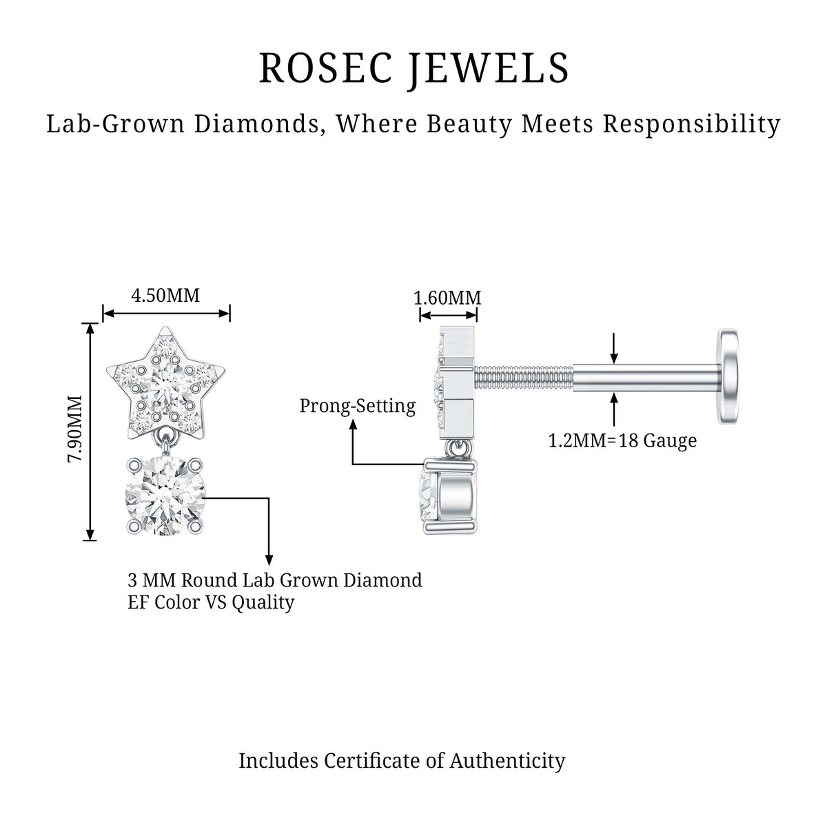 Star Diamond Drop Earring for Helix Piercing