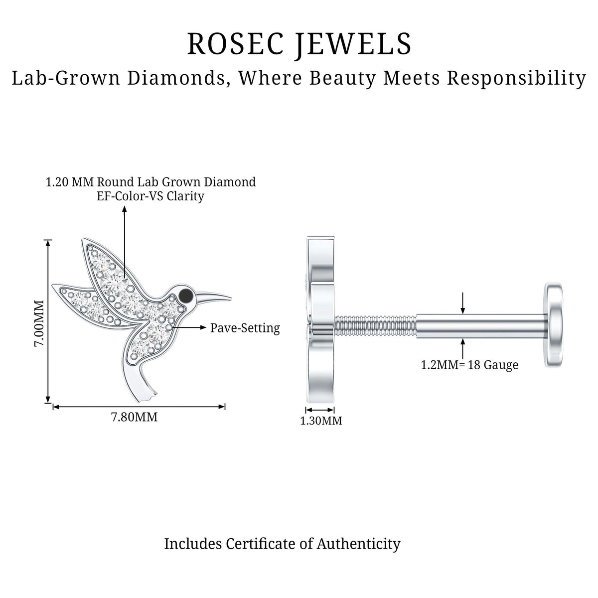 Diamond Hummingbird Earring for Helix Piercing