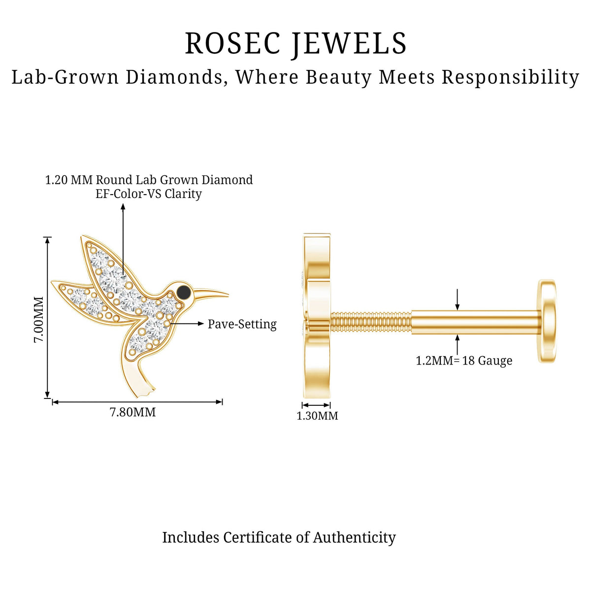 Diamond Hummingbird Earring for Helix Piercing