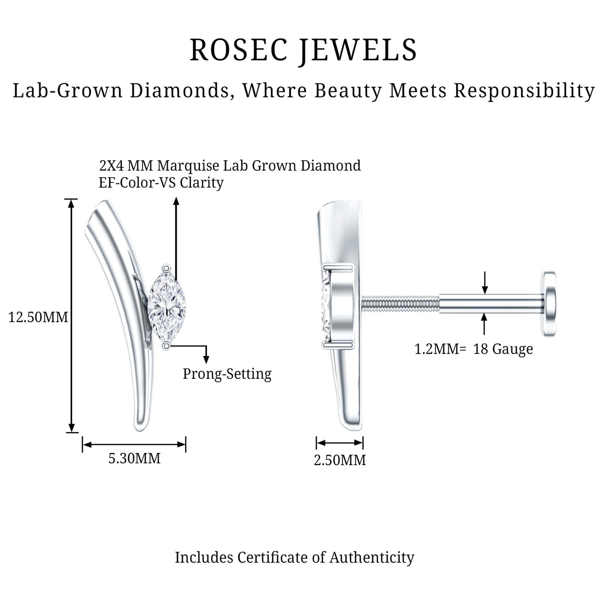Marquise Cut Diamond Solitaire Earring for Tragus Piercing