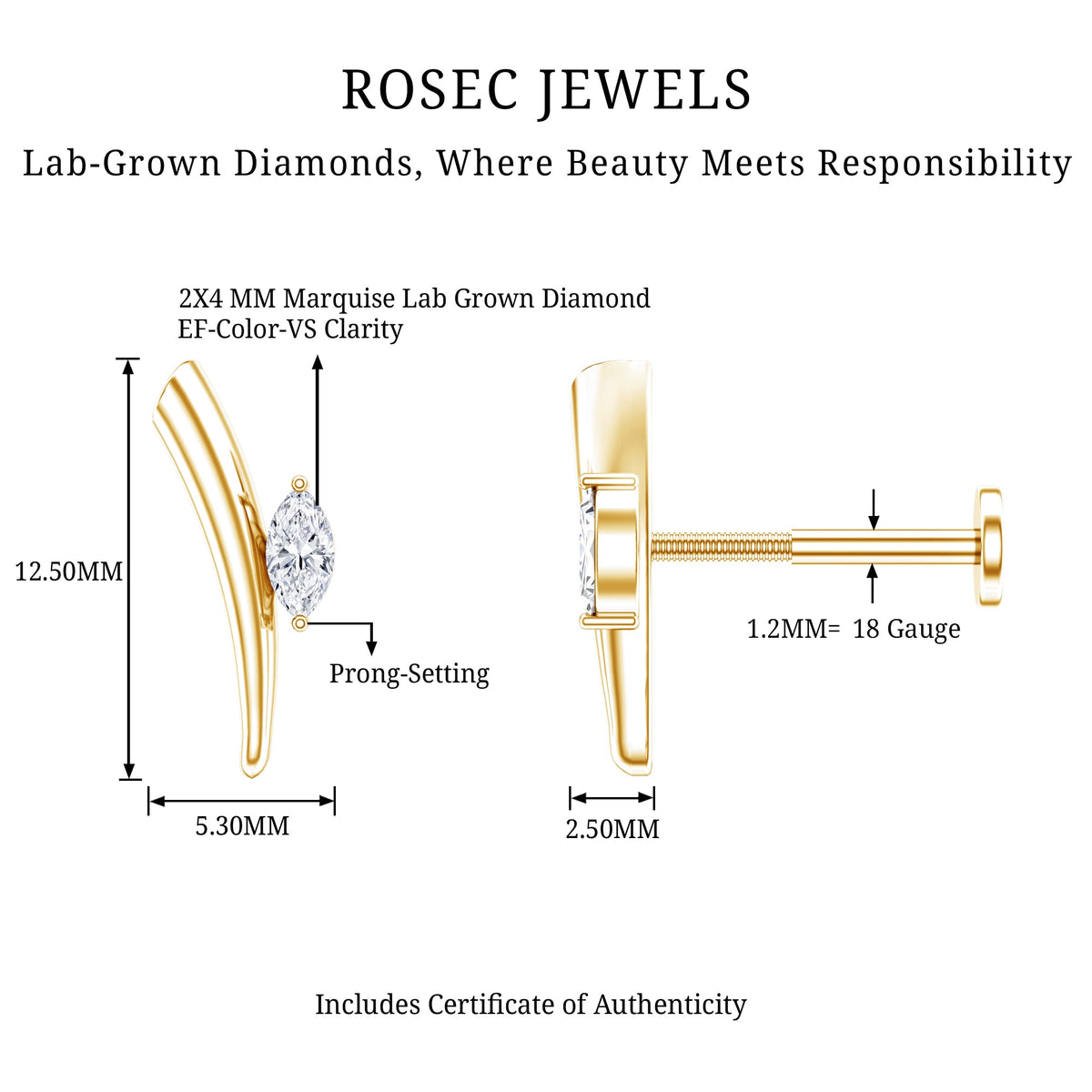Marquise Cut Diamond Solitaire Earring for Tragus Piercing