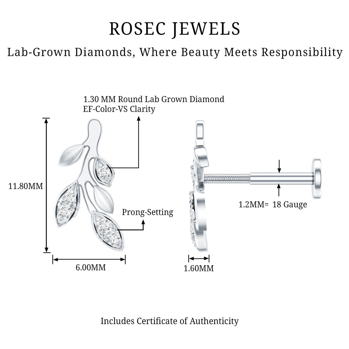 Diamond Vine Leaf Earring for Helix Piercing