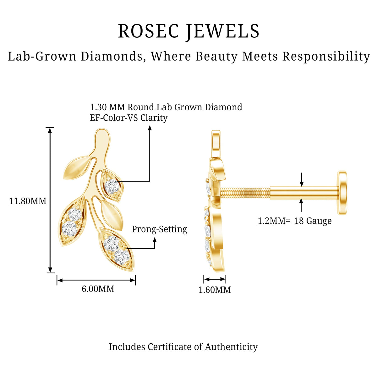 Diamond Vine Leaf Earring for Helix Piercing