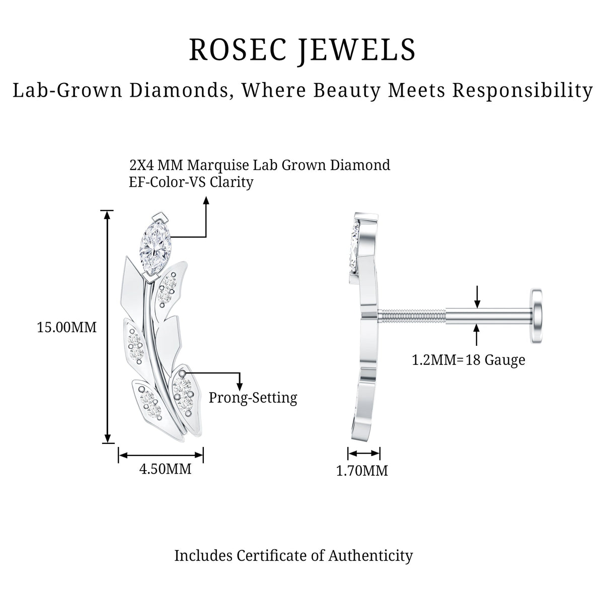 Diamond Leaf Crawler Earring for Helix Piercing