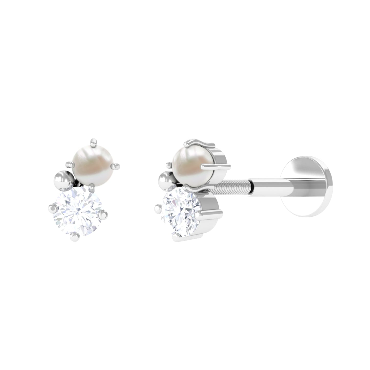 Tiny Freshwater Pearl and Diamond Two Stone Tragus Earring