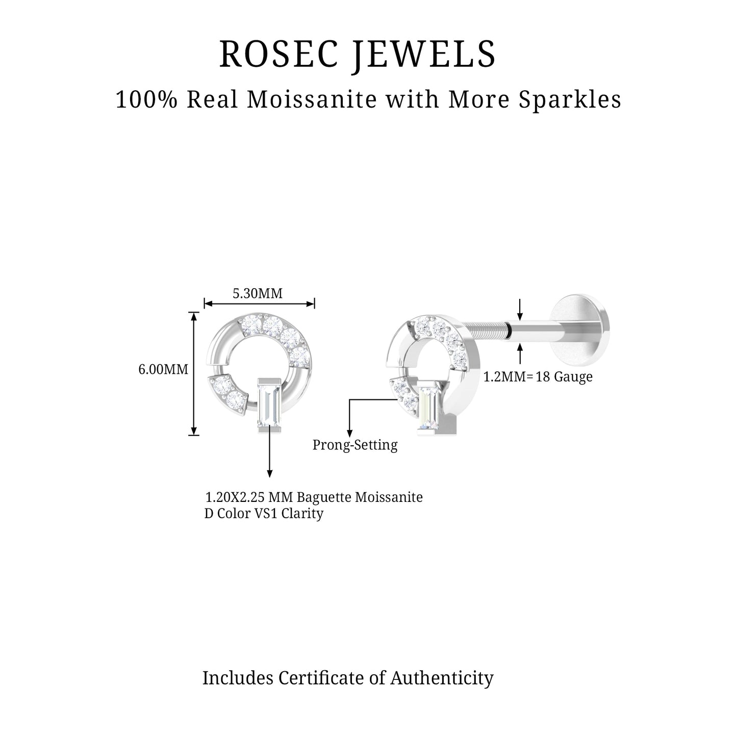 Baguette and Round Moissanite Open Circle Cartilage Earring