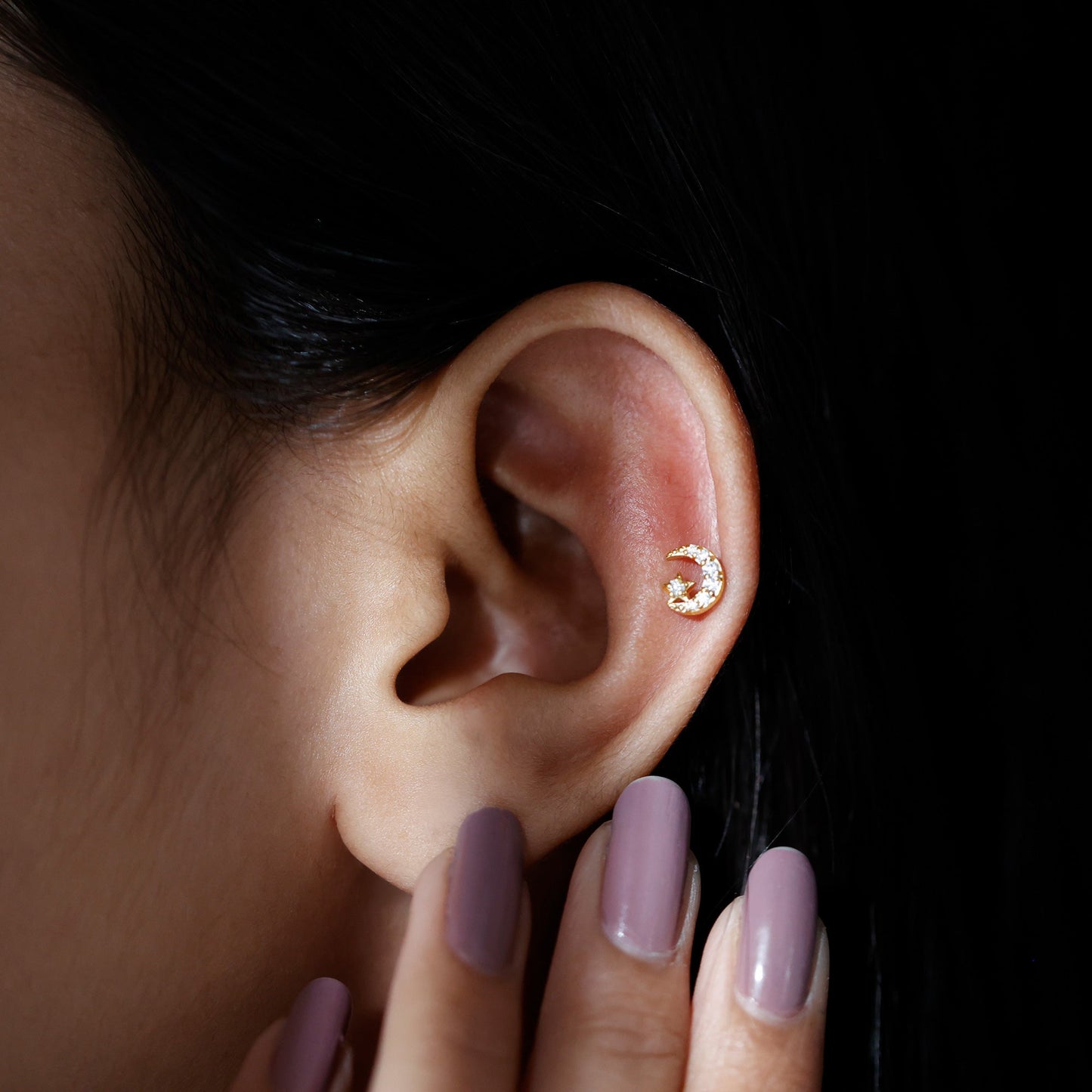 Moissanite Moon and Star Cartilage Earring
