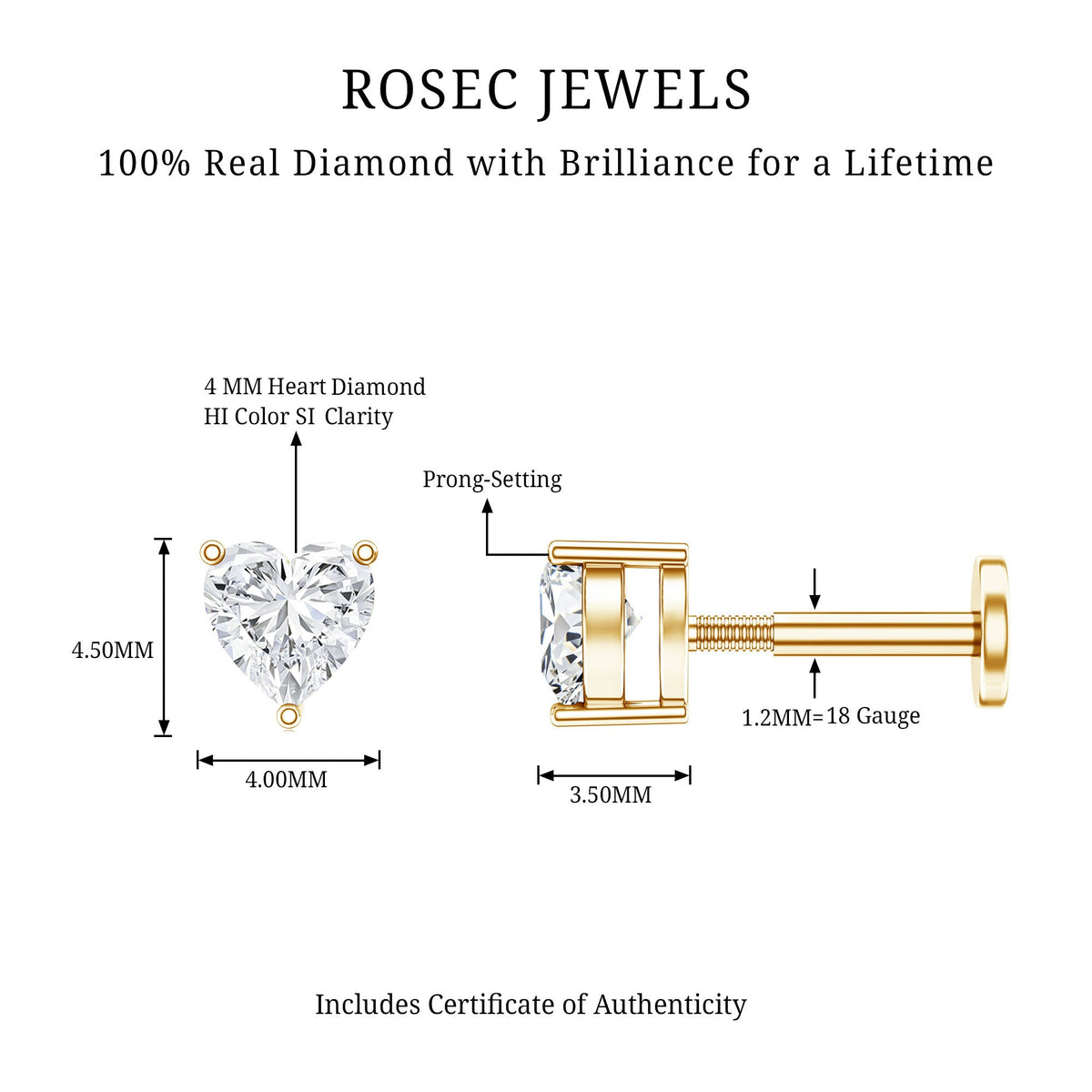 Solitaire Diamond Heart Earring with Flat Back