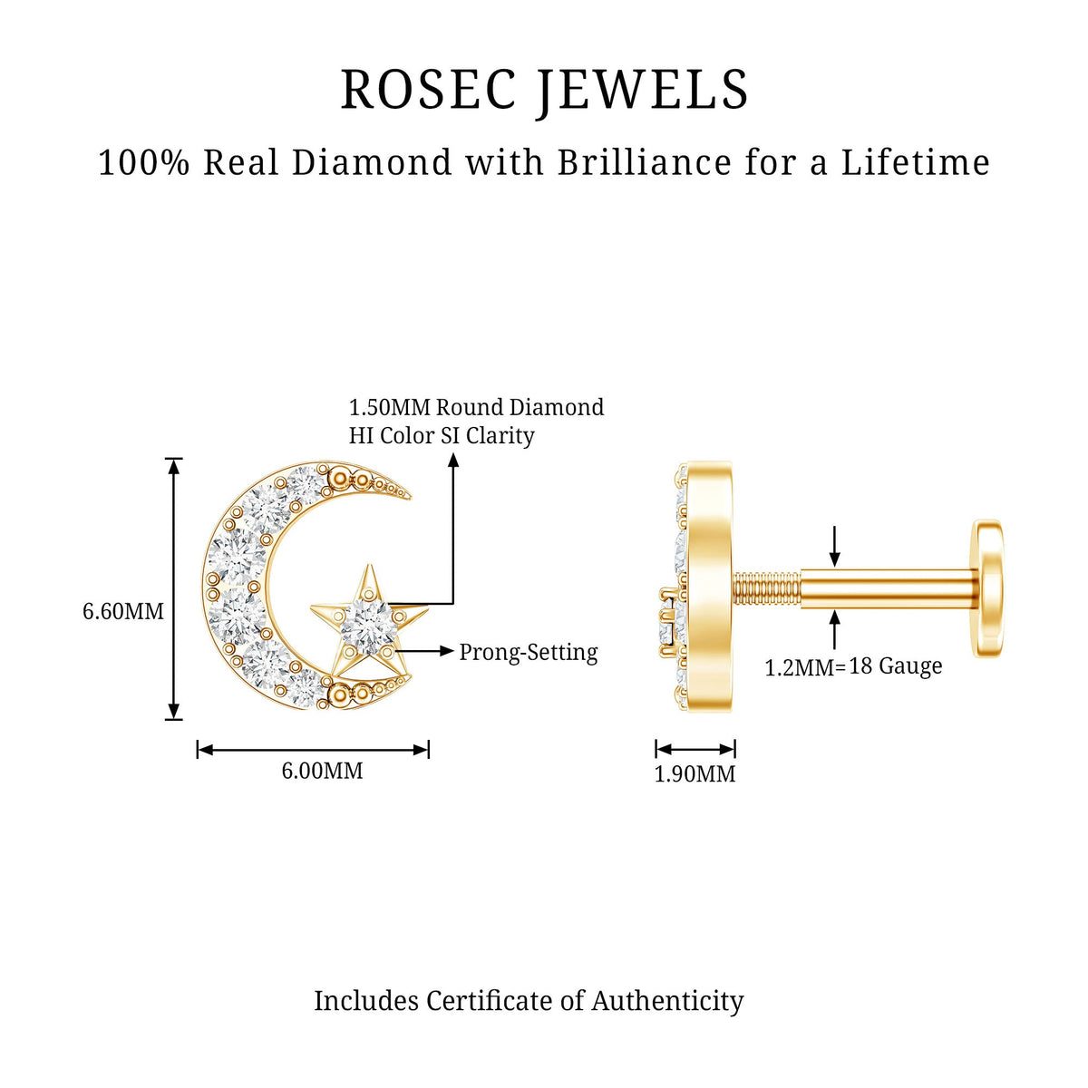 Certified Diamond Crescent Moon Helix Earring with Star