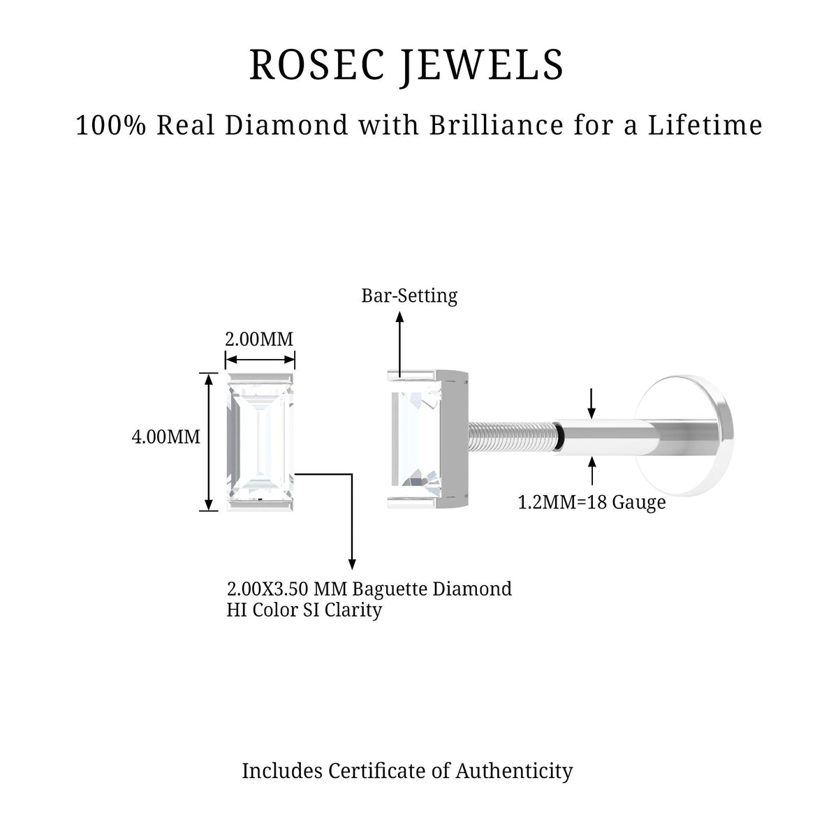 Natural Baguette Diamond Tragus Piercing Earring