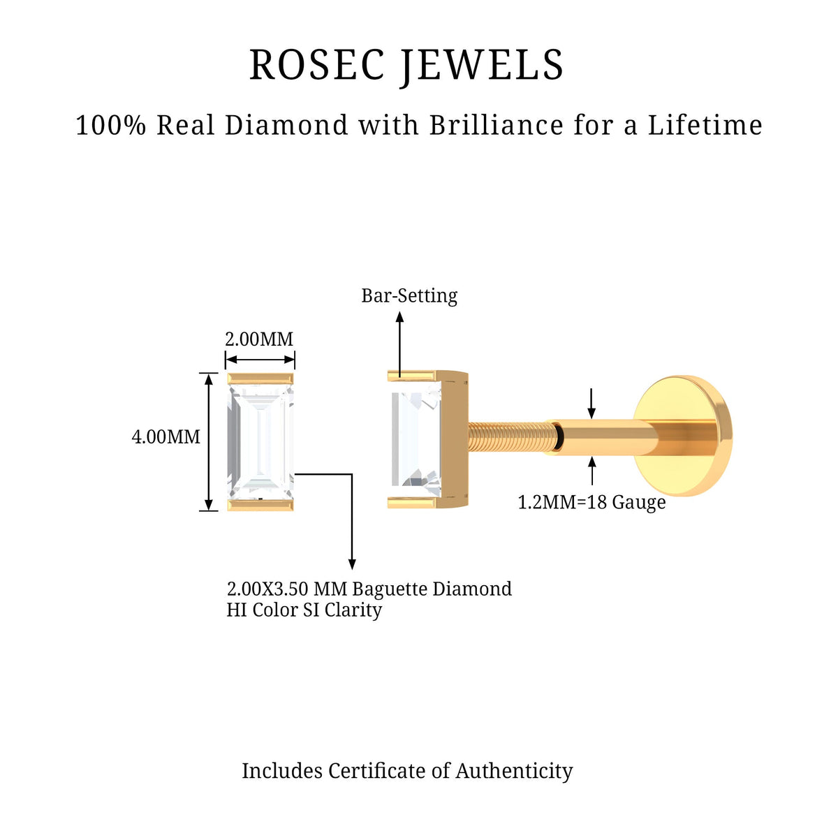 Natural Baguette Diamond Tragus Piercing Earring