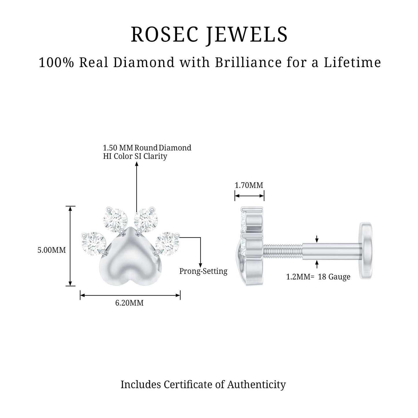 Diamond and Heart Dog Paw Print Cartilage Earring