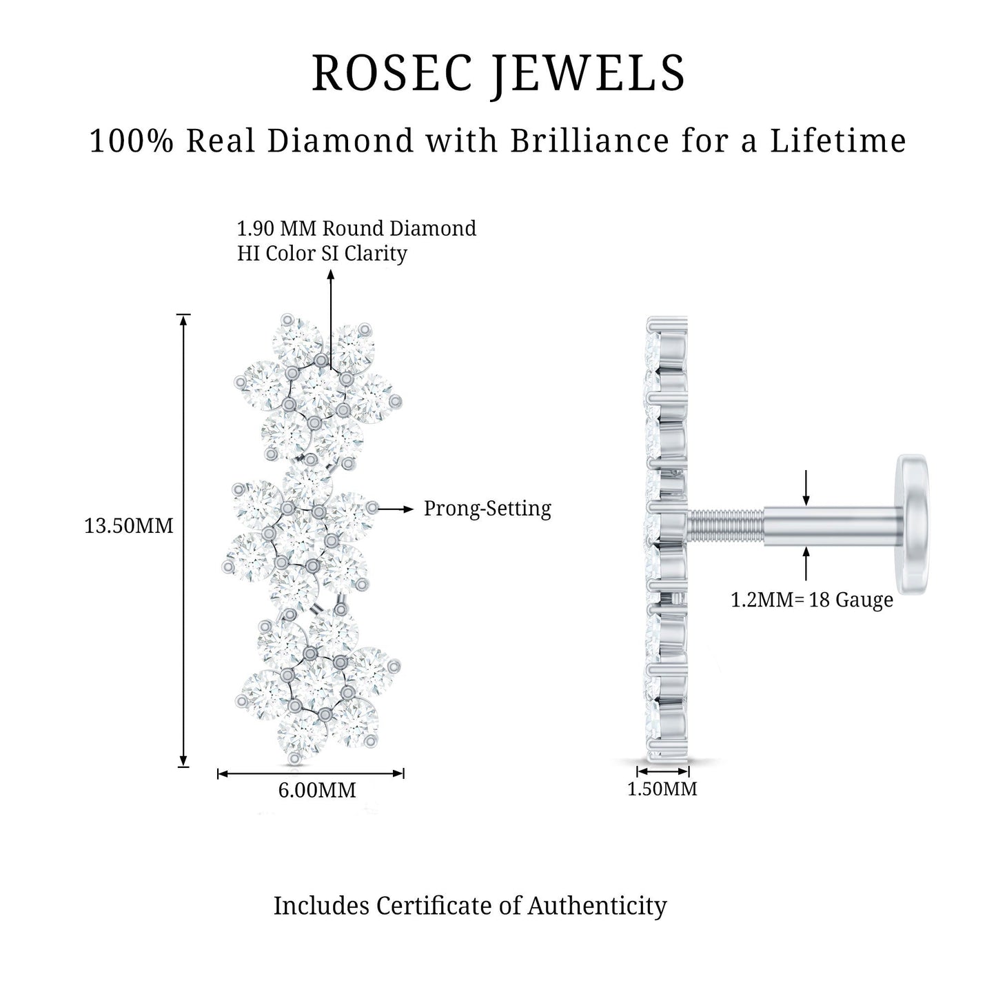 Diamond Three Flower Crawler Earring for Helix Piercing