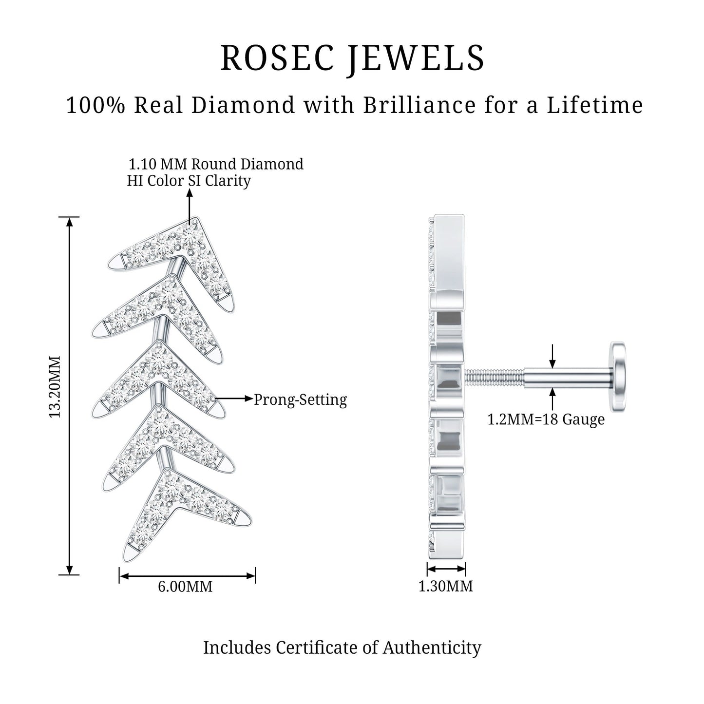 Minimalist Diamond Leaf Crawler Earring for Helix Piercing