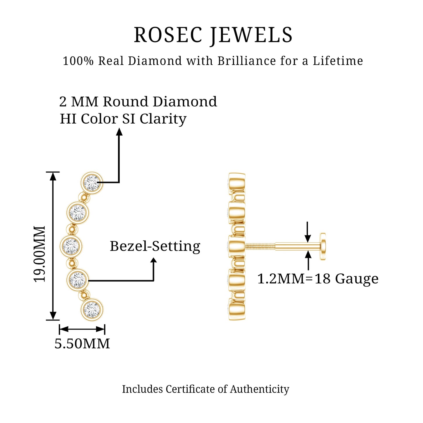Bezel Set Diamond Crawler Earring for Cartilage Piercing