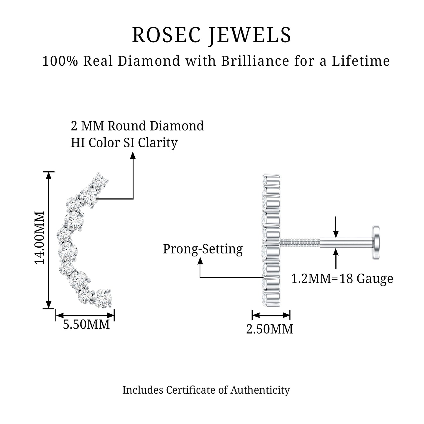 Certified Diamond Curved Crawler Earring for Women