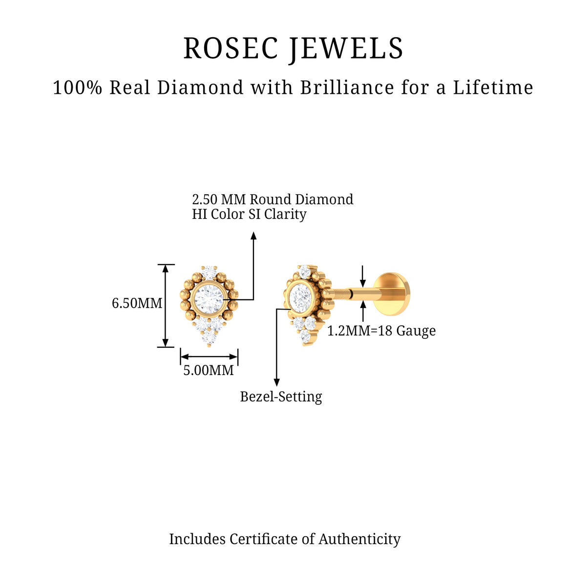 Bezel Set Diamond Minimalist Earring for Tragus Piercing
