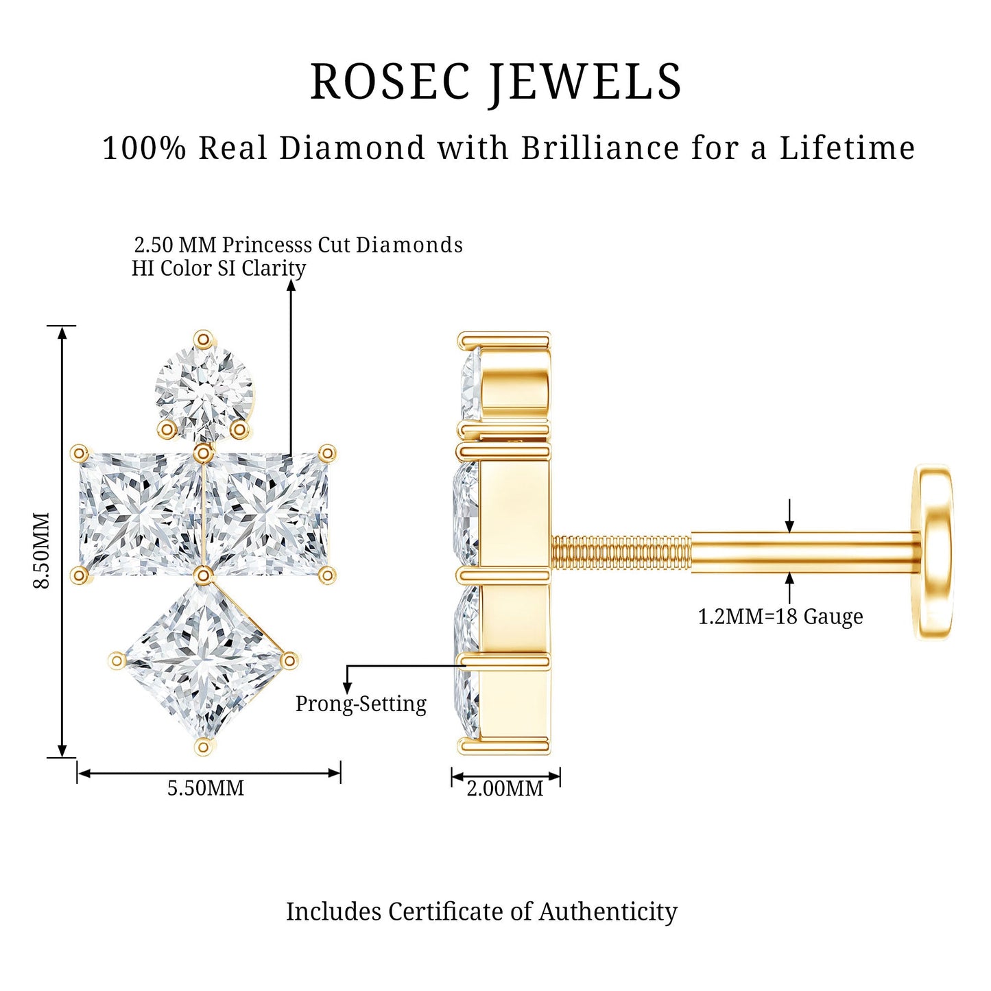 Princess Cut Diamond Helix Piercing Earring for Women