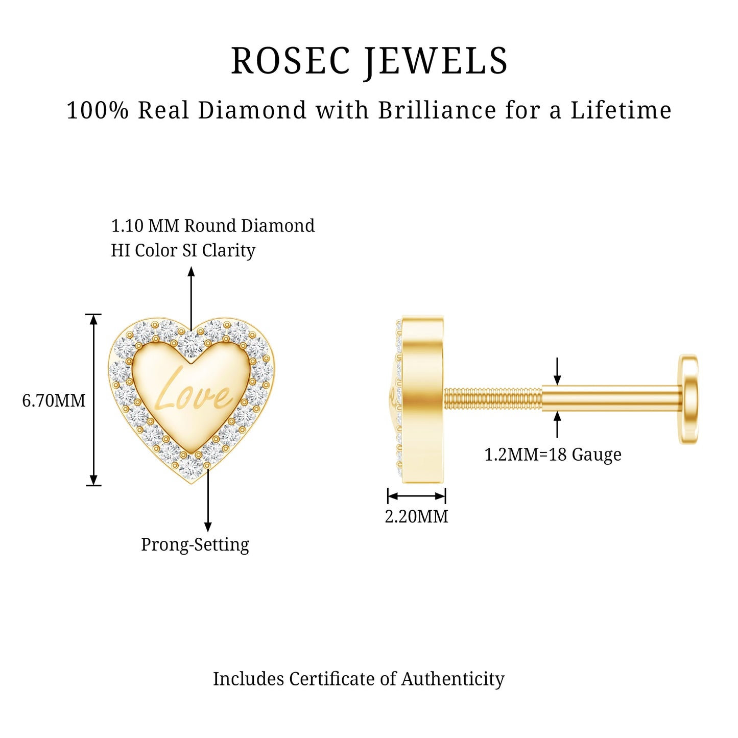 Cute Diamond Love Heart Earring for Helix Piercing