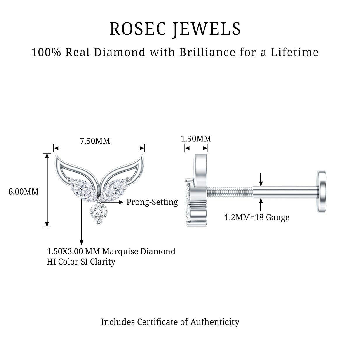Marquise Diamond Leaf Earring for Cartilage Piercing