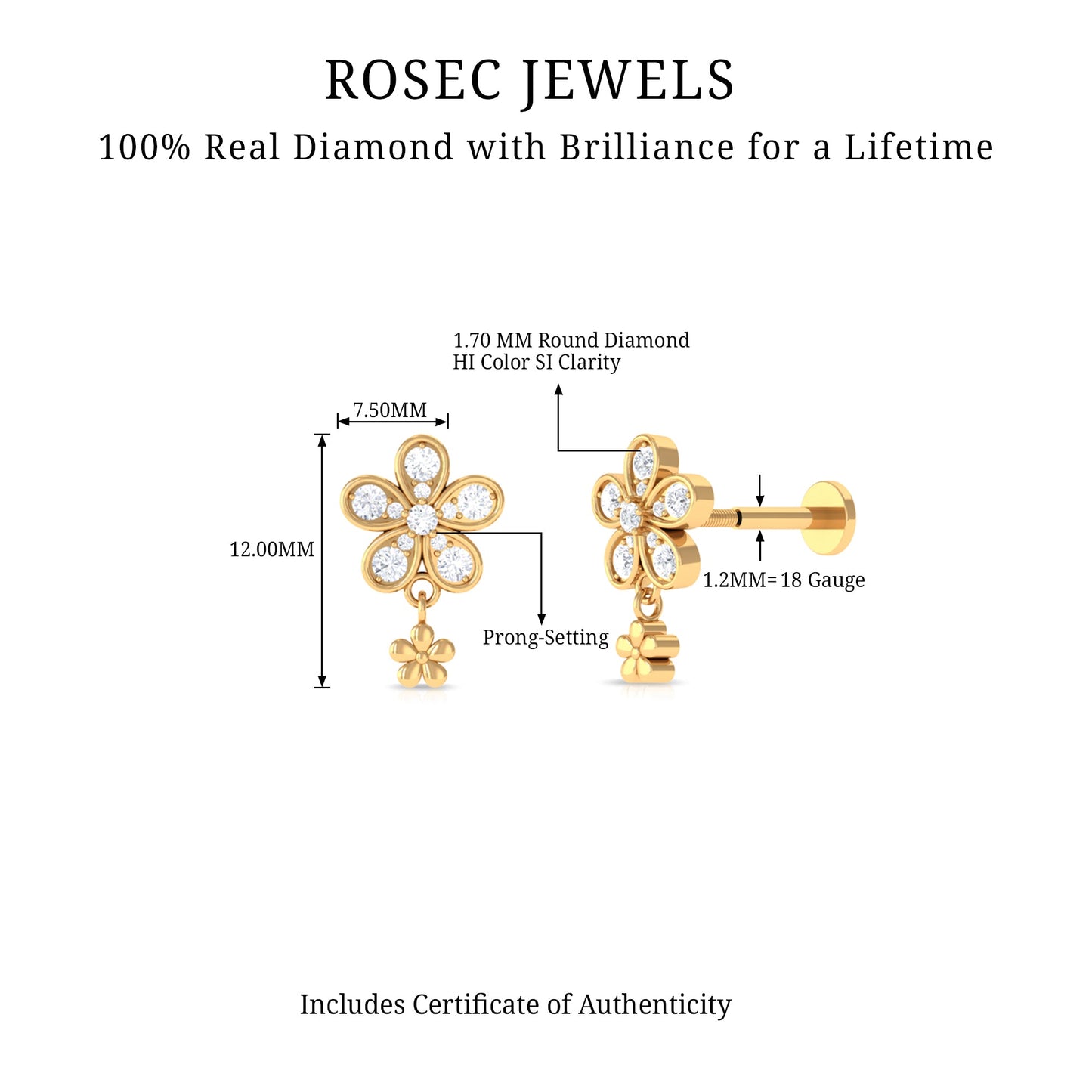 Certified Diamond Flower Helix Drop Earring