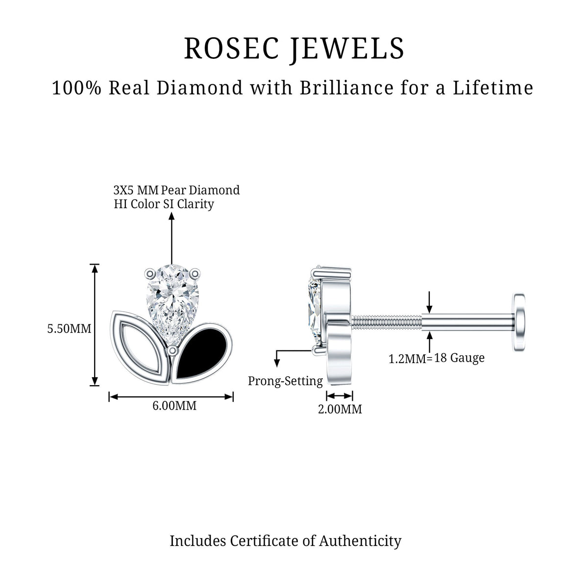 Pear Shape Diamond Leaf Earring for Helix Piercing