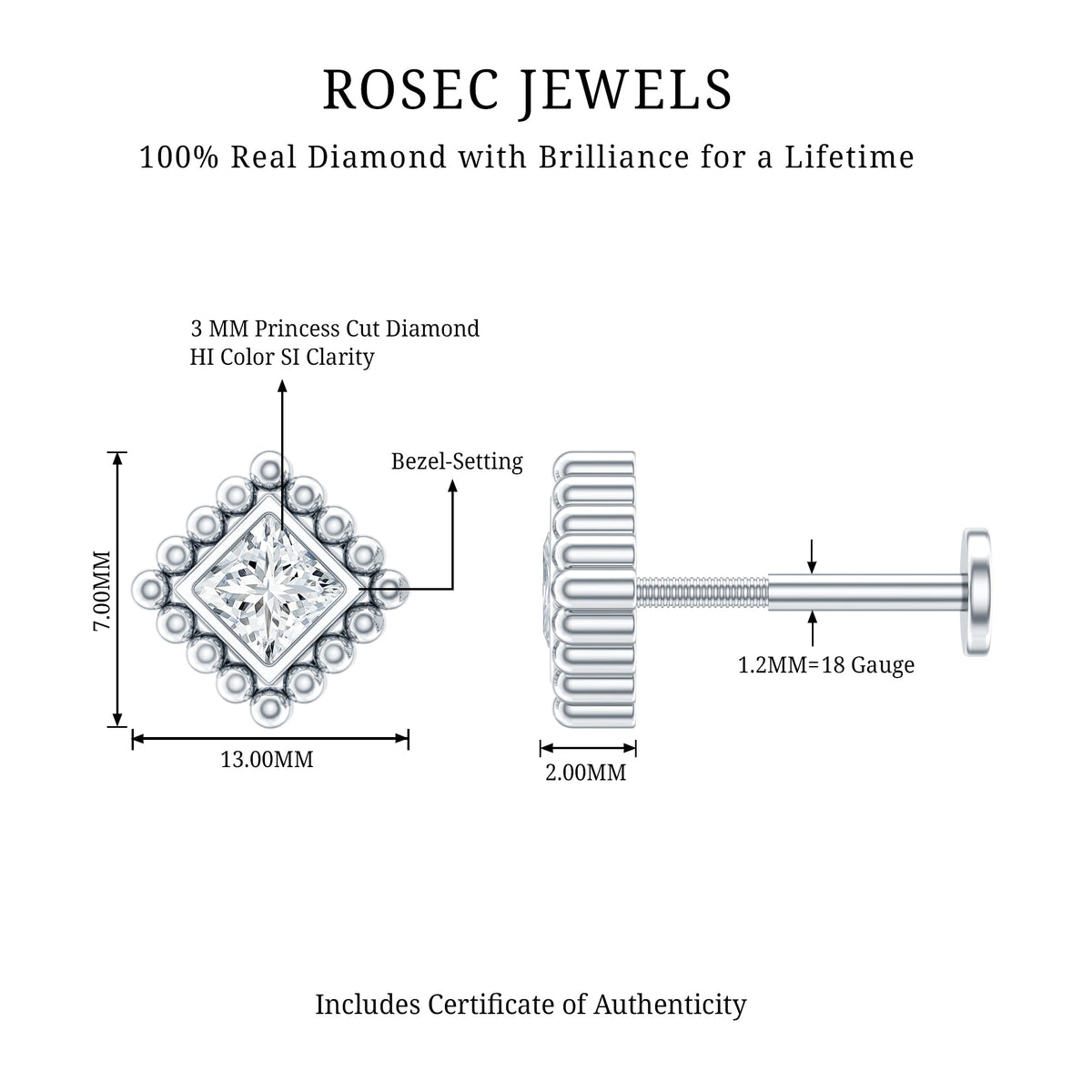 Princess Cut Diamond Solitaire Earring in Beaded Bezel Setting