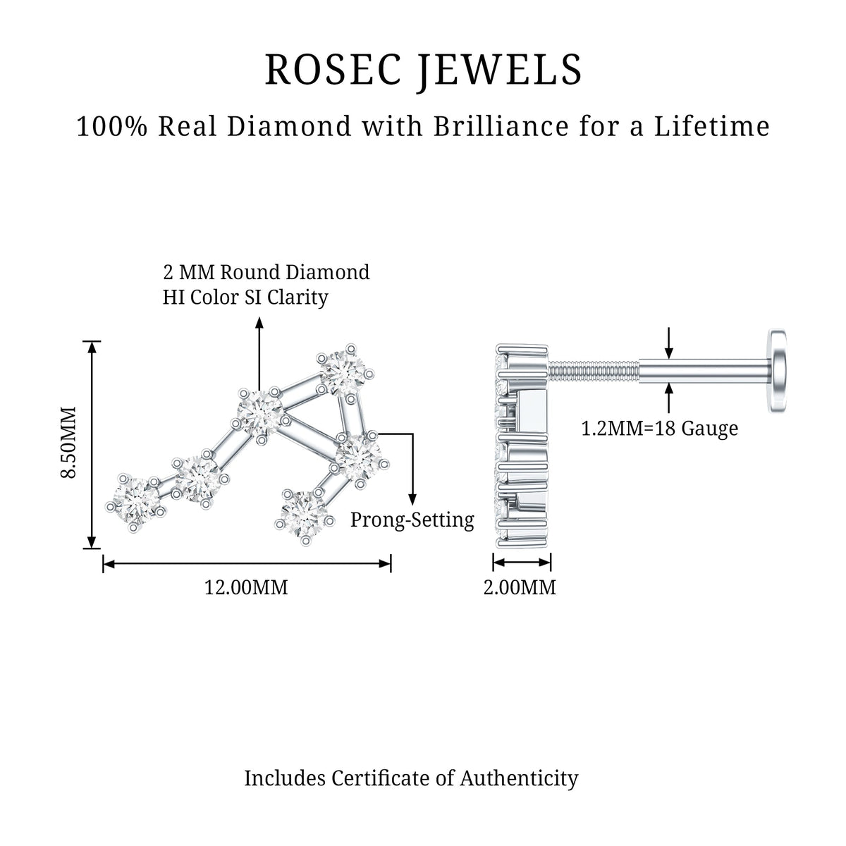 Certified Diamond Libra Constellation Piercing Earring with Flat Back