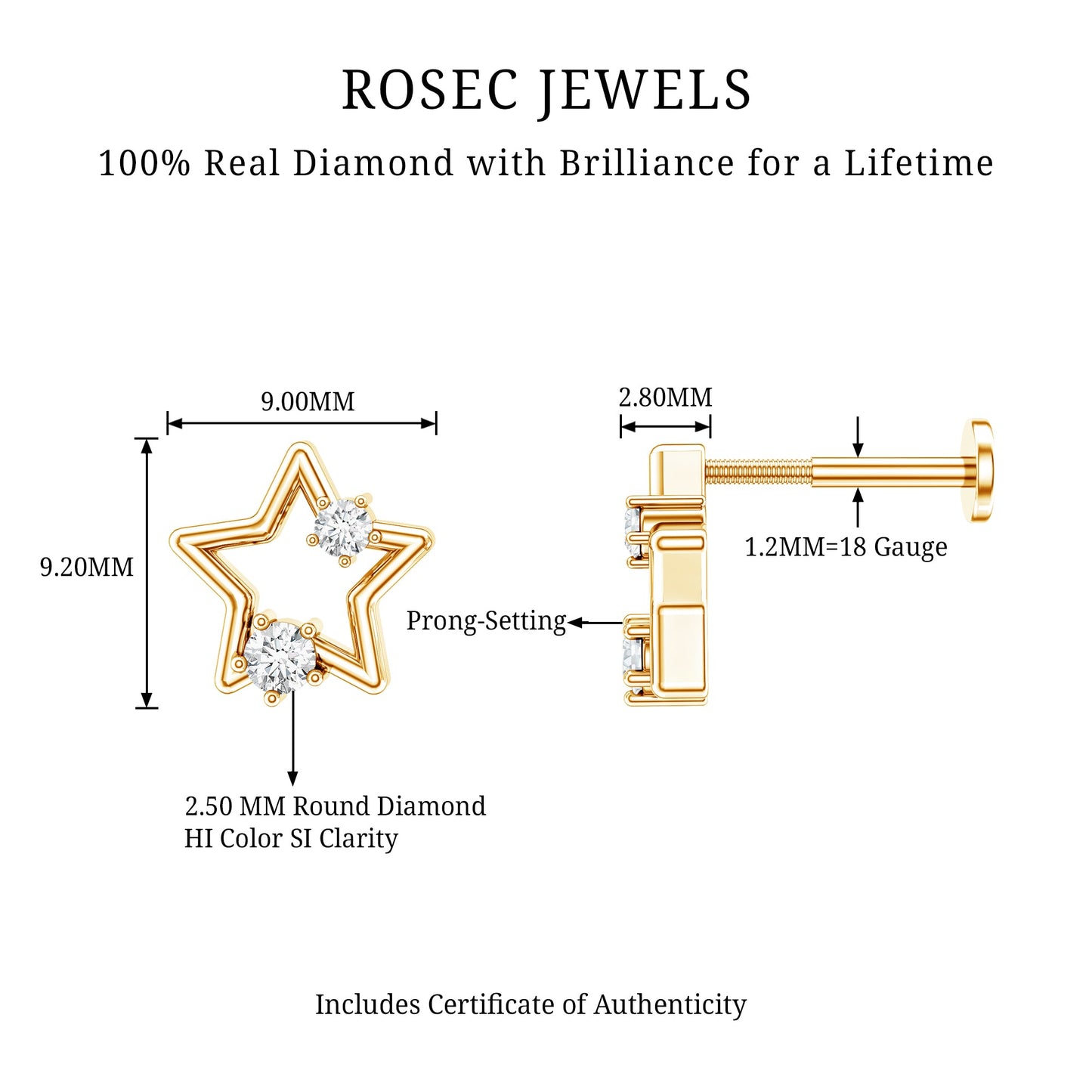 Certified Diamond Star Earring for Upper Lobe Piercing