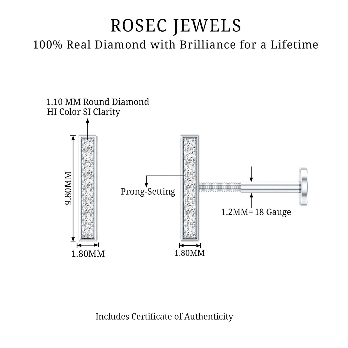 Minimalist Diamond Bar Earring for Helix Piercing