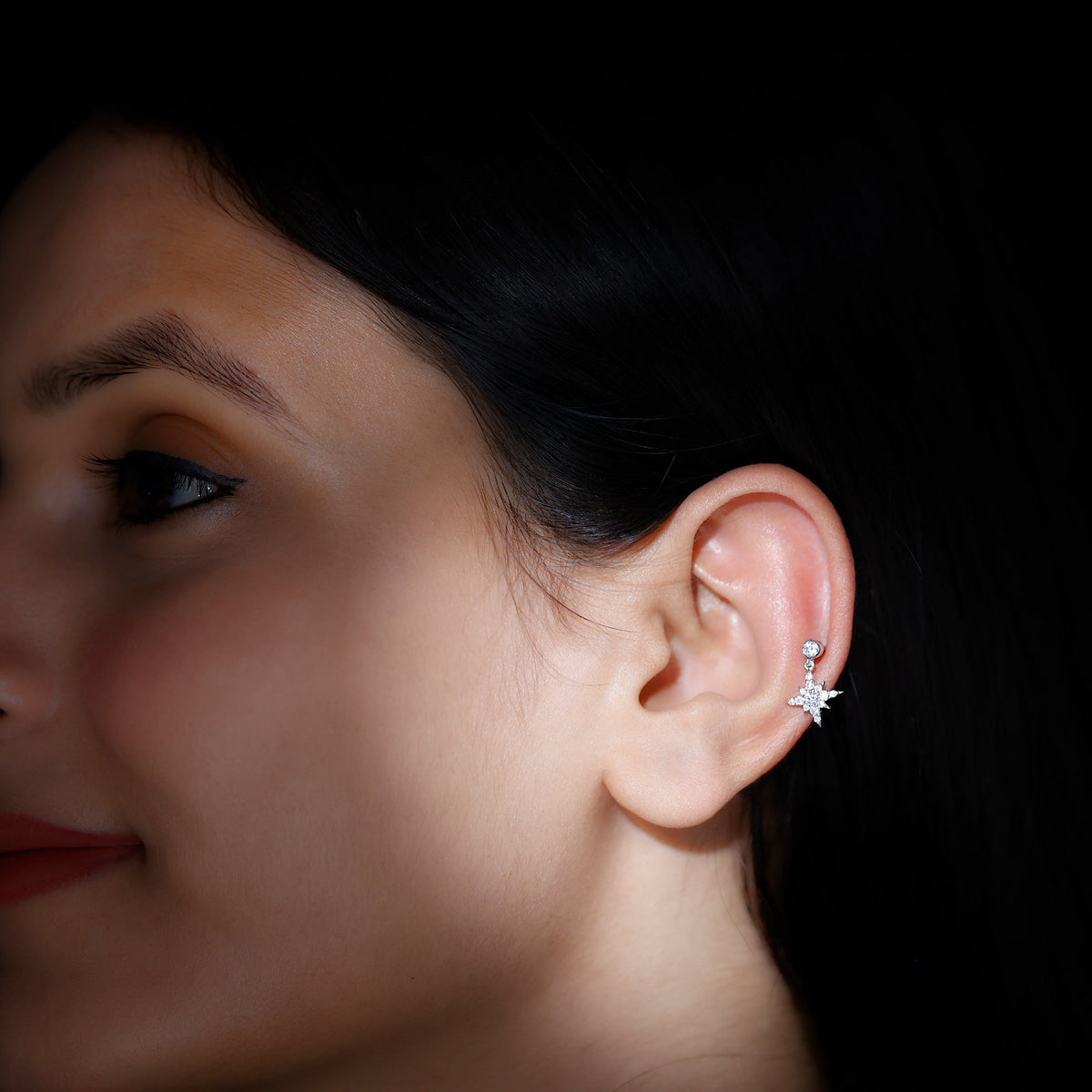 Moissanite Starburst Drop Earring for Cartilage Piercing