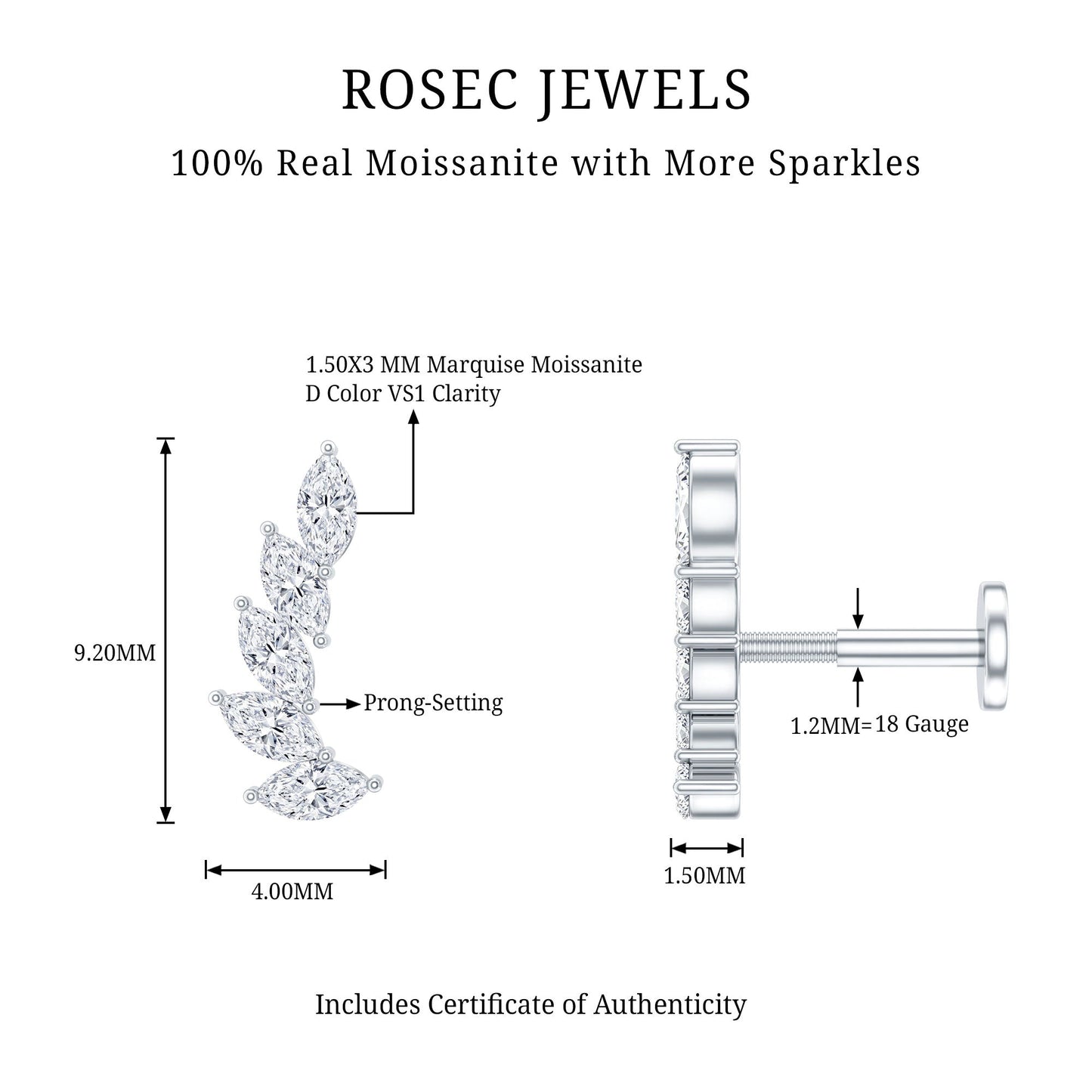 Marquise Moissanite Curved Helix Ear Crawler Earring