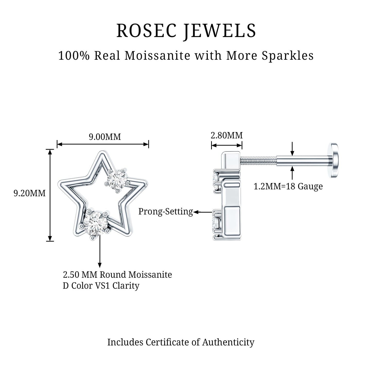 Certified Moissanite Star Shaped Earring for Upper Lobe Piercing