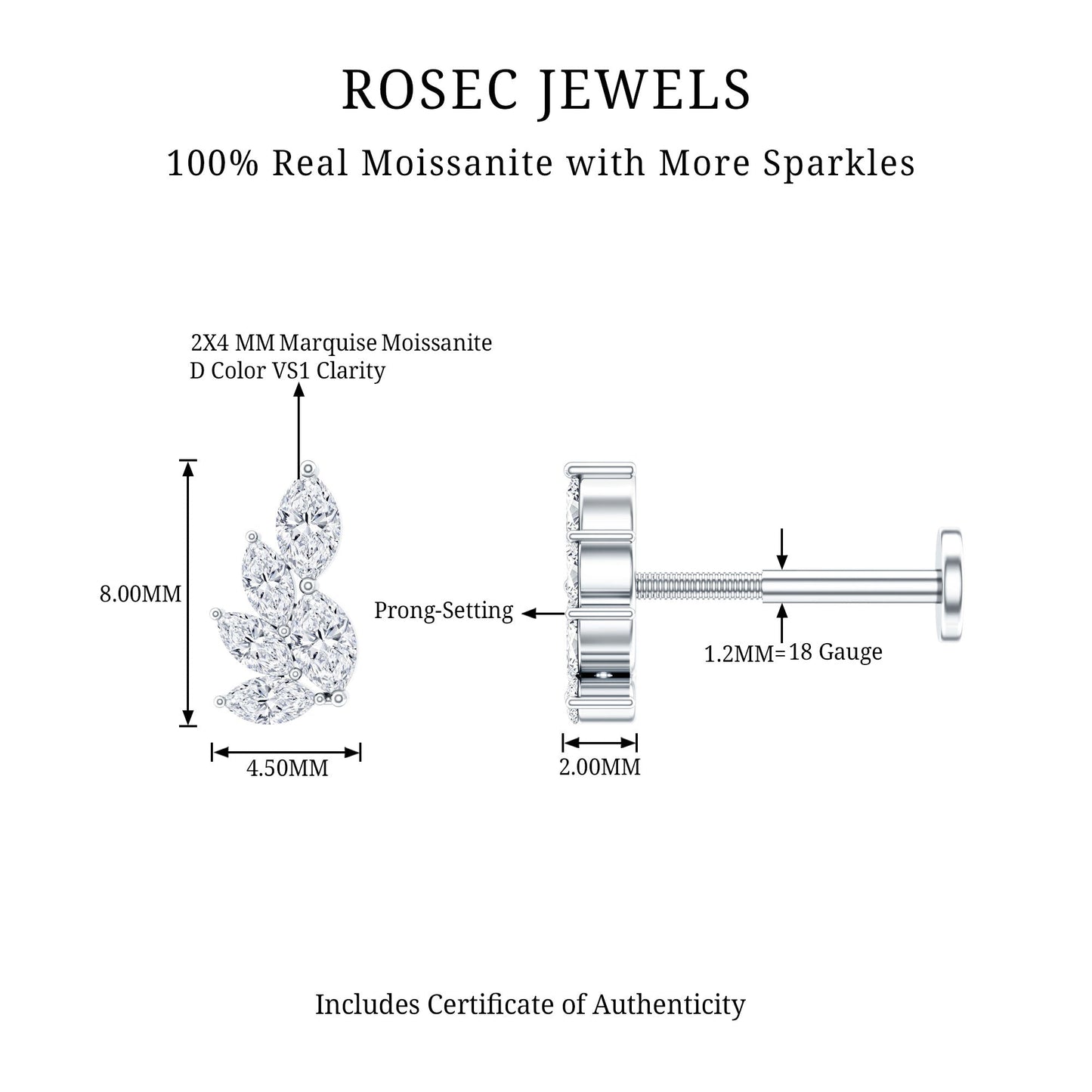 Marquise Moissanite Cluster Earring for Helix Piercing
