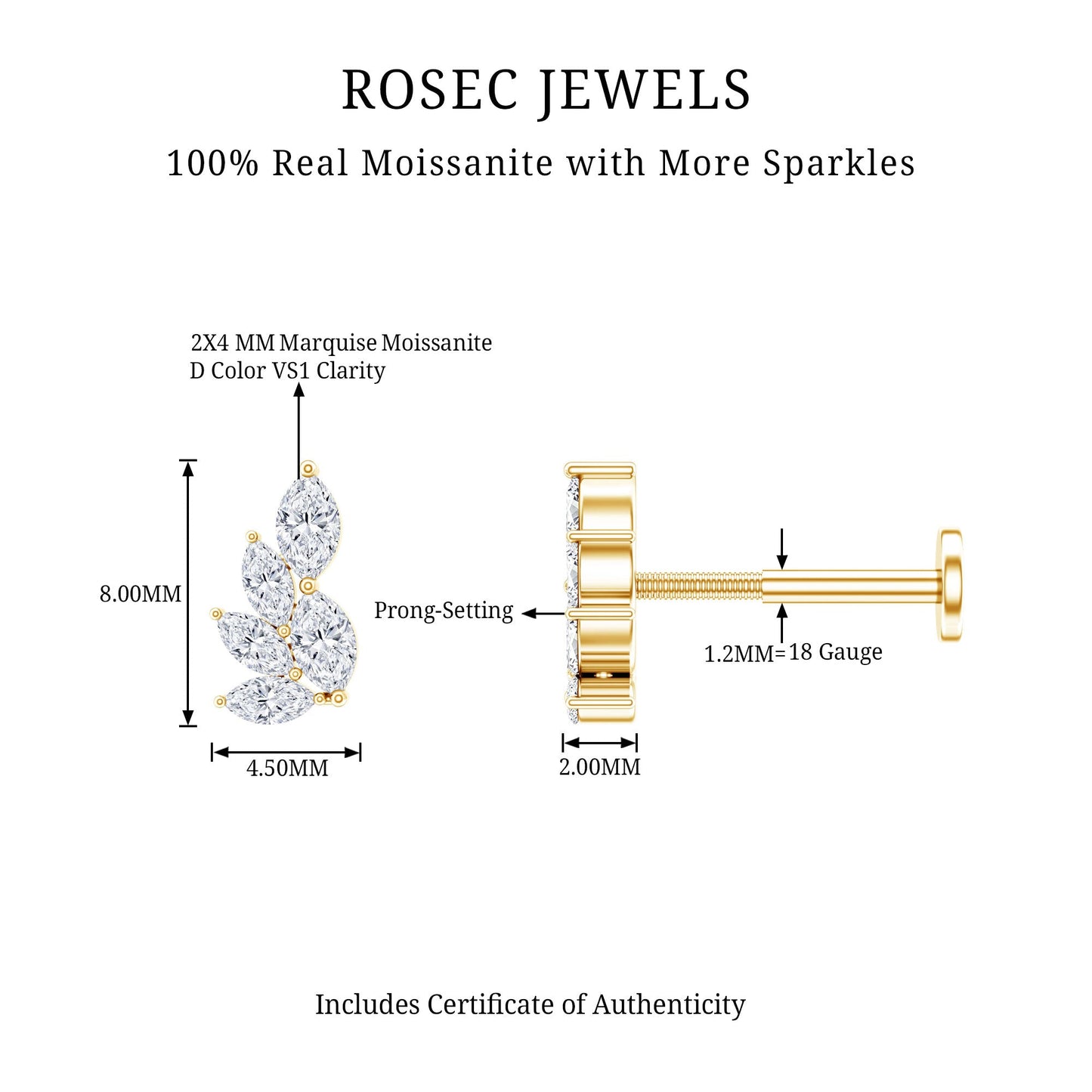 Marquise Moissanite Cluster Earring for Helix Piercing