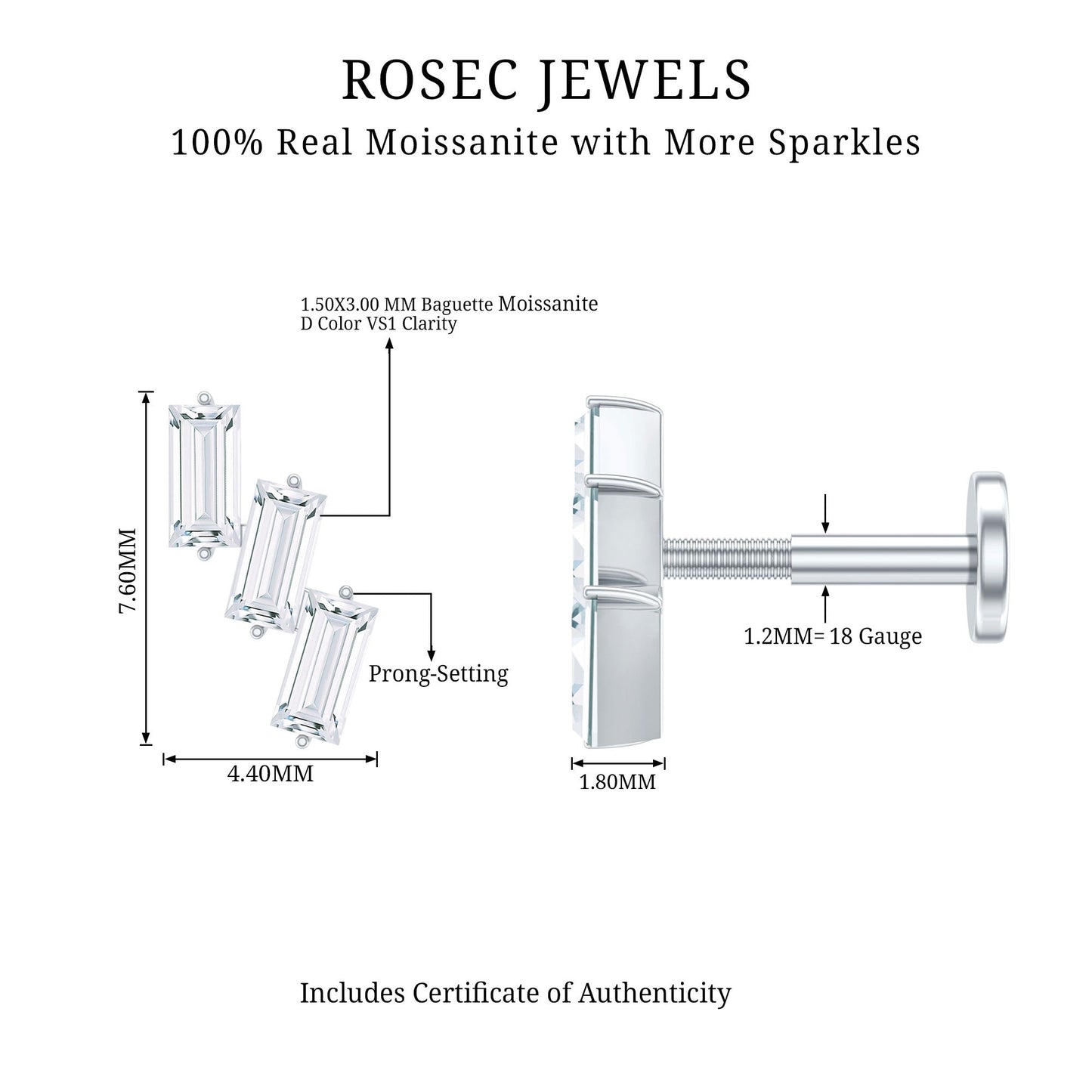 Baguette Cut Moissanite 3 Stone Earring for Helix Piercing