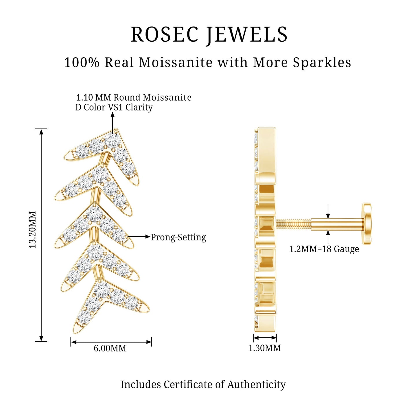Certified Moissanite Leaf Crawler Earring for Helix Piercing