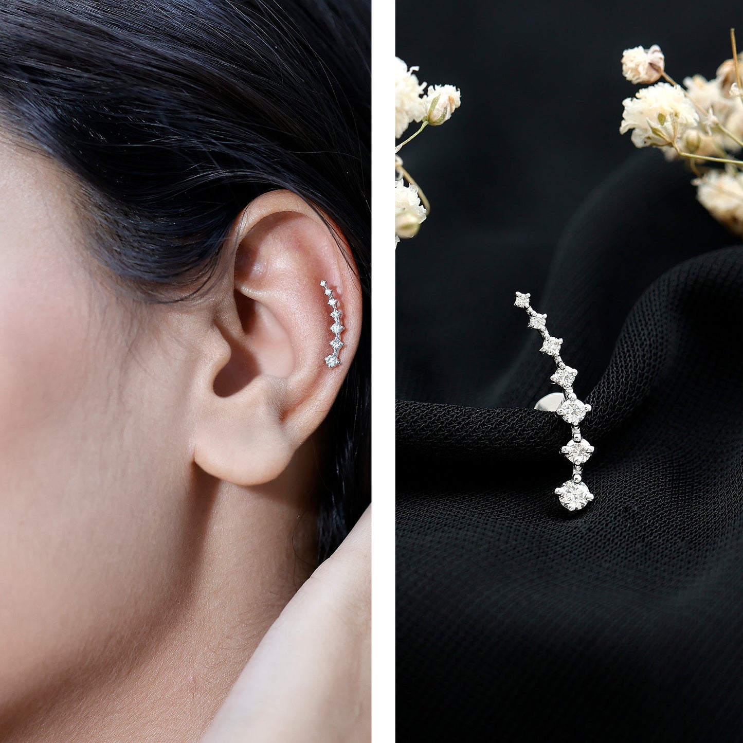 Graduated Style Moissanite Ear Crawler Earring for Helix Piercing