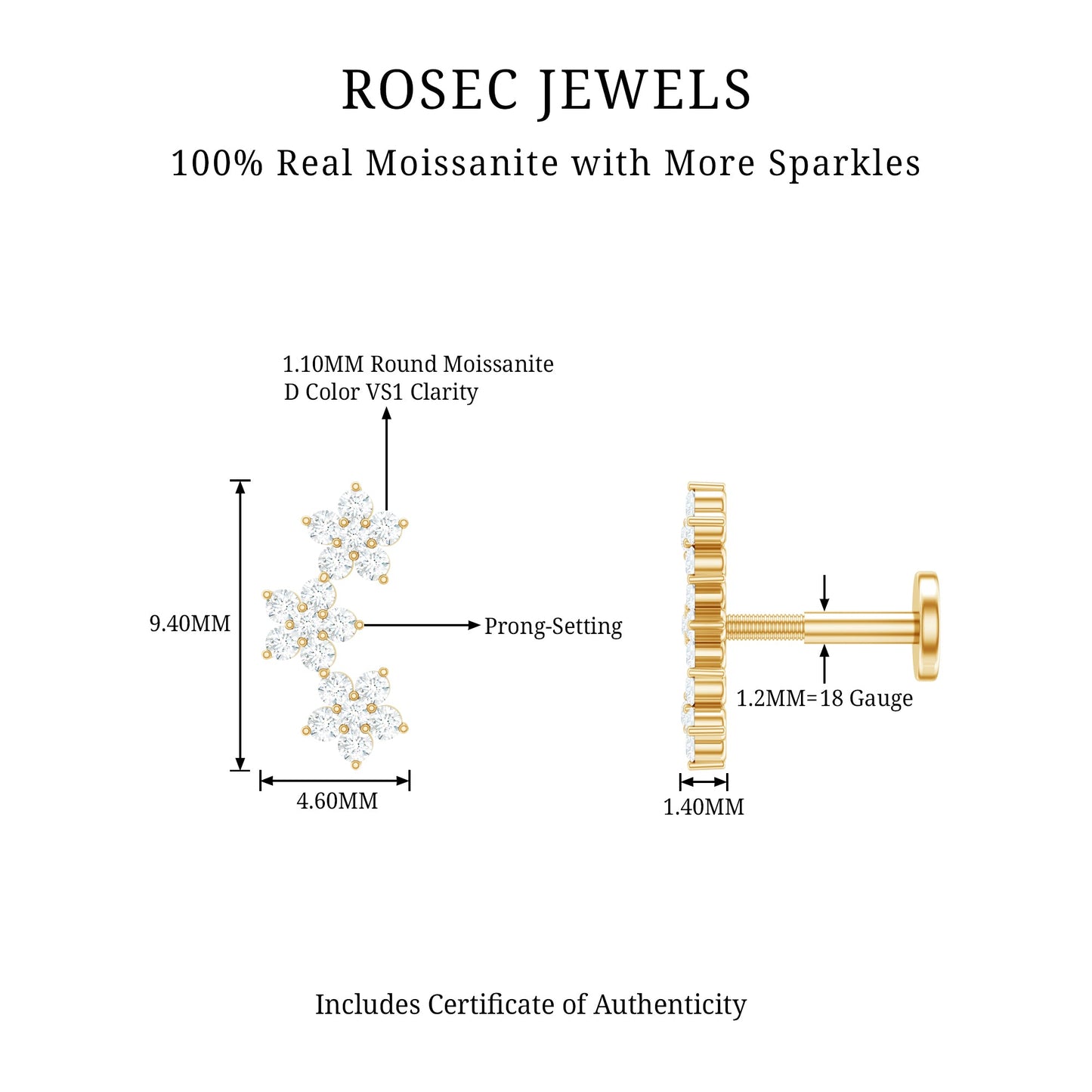 Certified Moissanite Three Flower Stud Earring for Helix Piercing