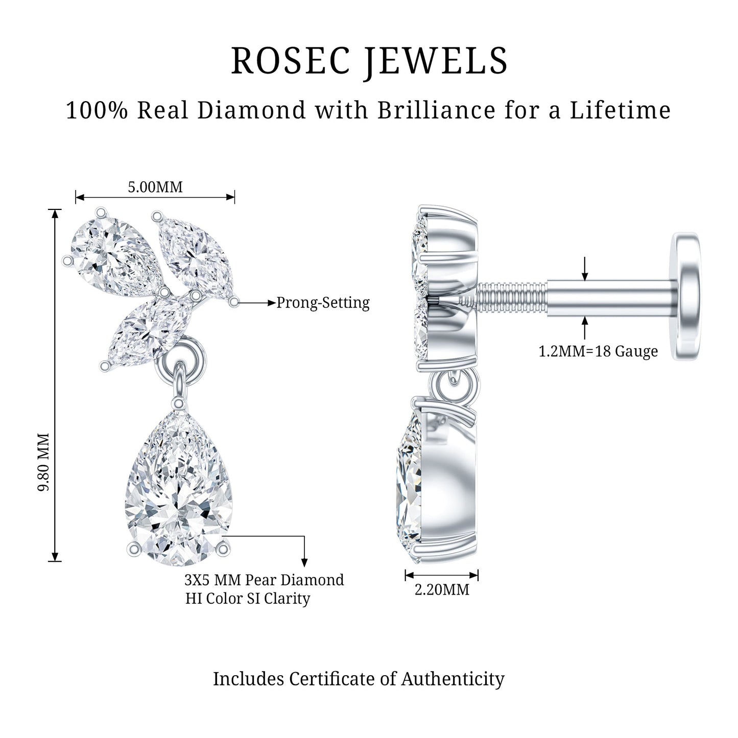 Natural Diamond Teardrop Cartilage Earring With Certificate