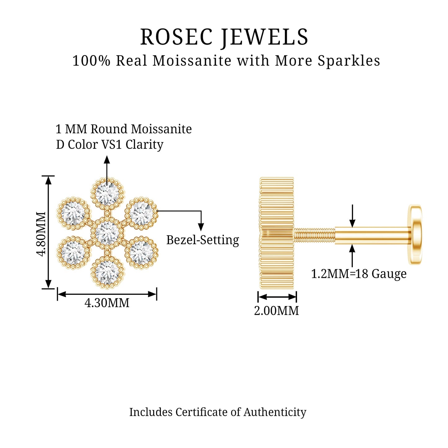 Moissanite Flower Cartilage Earring in Beaded Bezel Setting