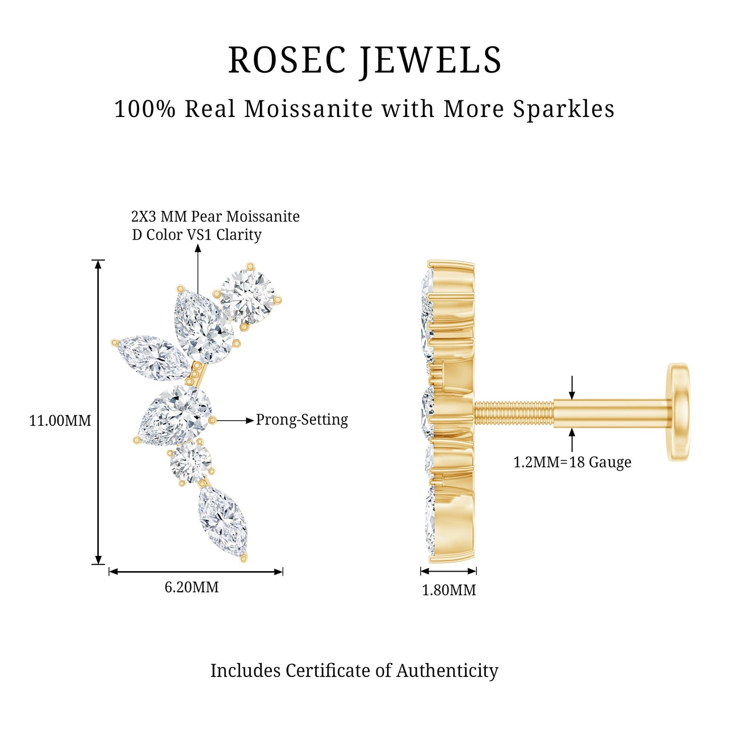 Certified Moissanite Curved Helix Earring for Women