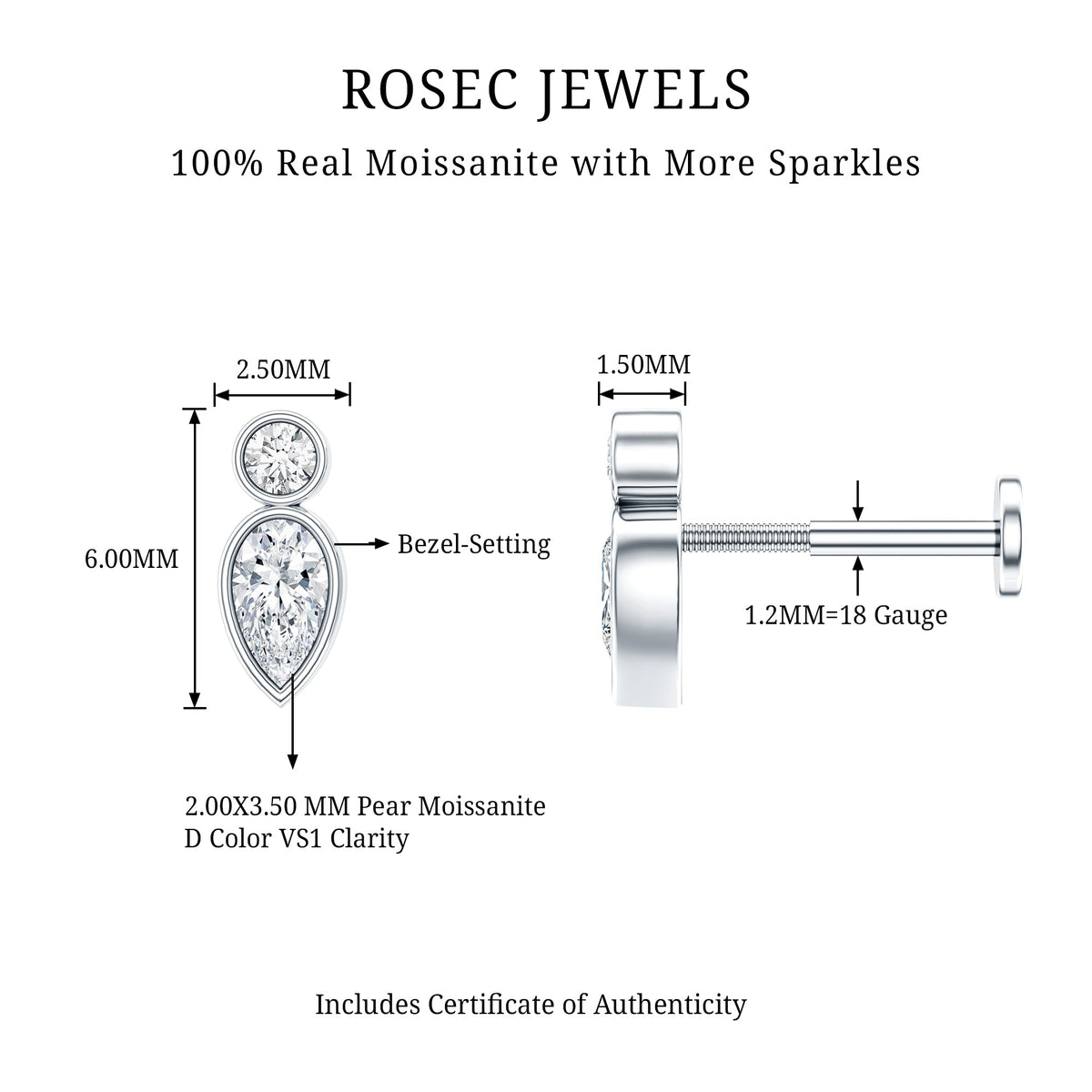 Dainty Pear and Round Cut Moissanite Tragus Earring