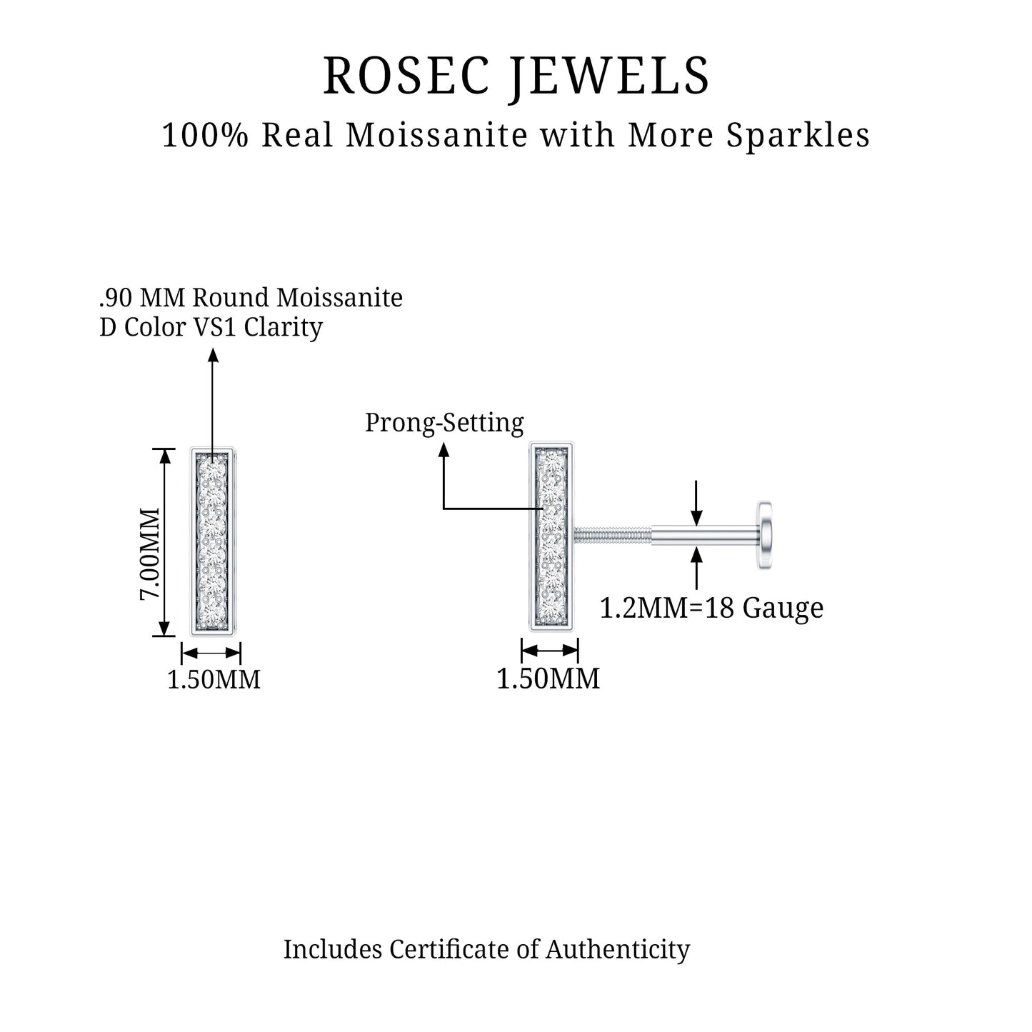Round Moissanite Bar Earring for Cartilage Piercing