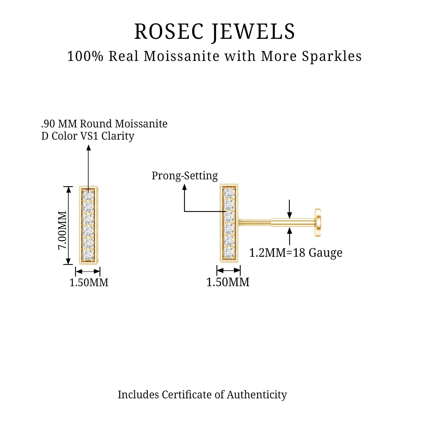 Round Moissanite Bar Earring for Cartilage Piercing