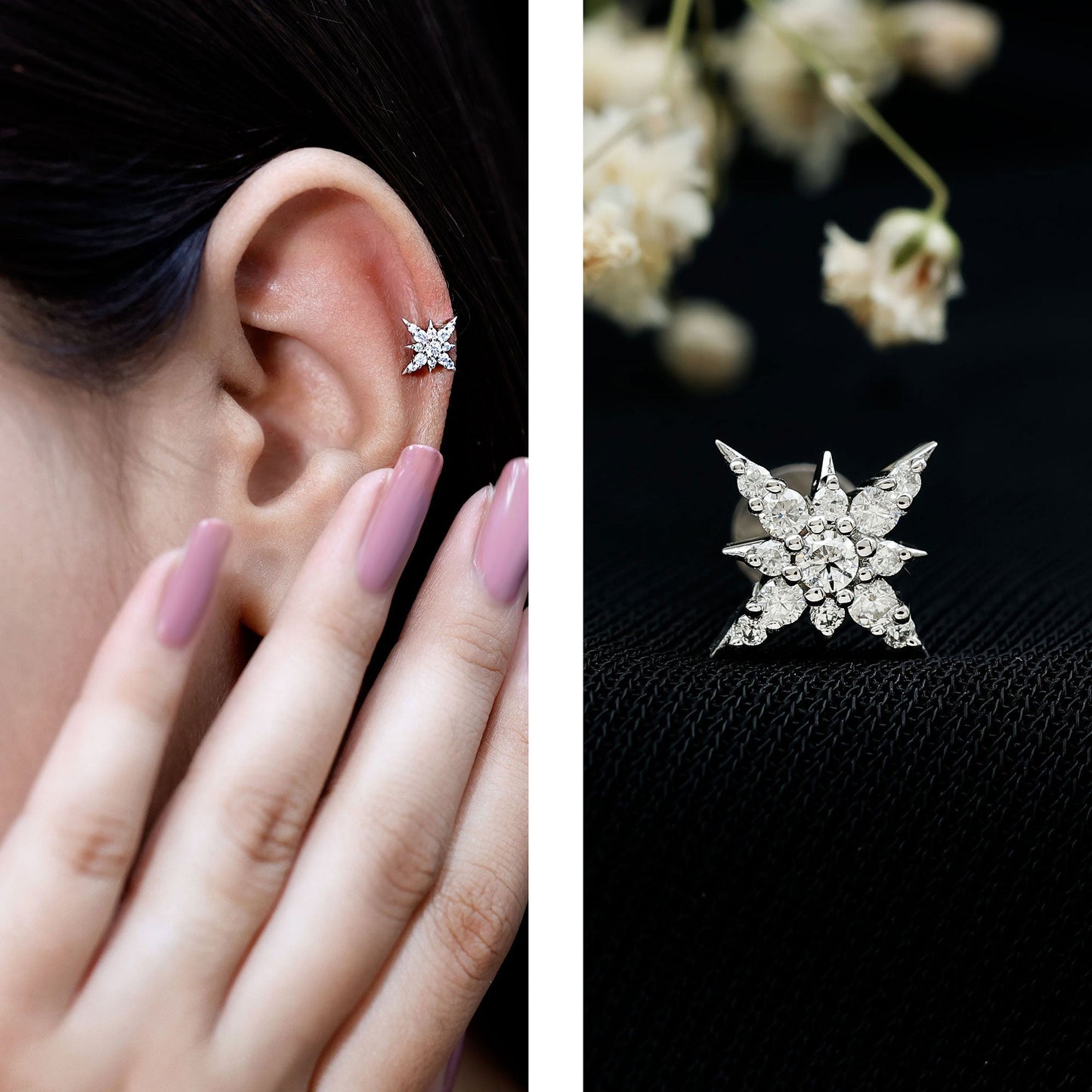 Moissanite Starburst Cartilage Earring with Flat Back