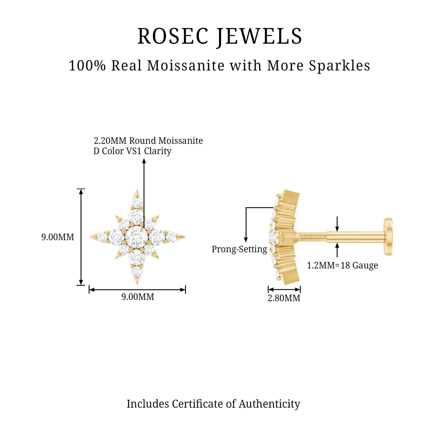 Moissanite Starburst Cartilage Earring with Flat Back