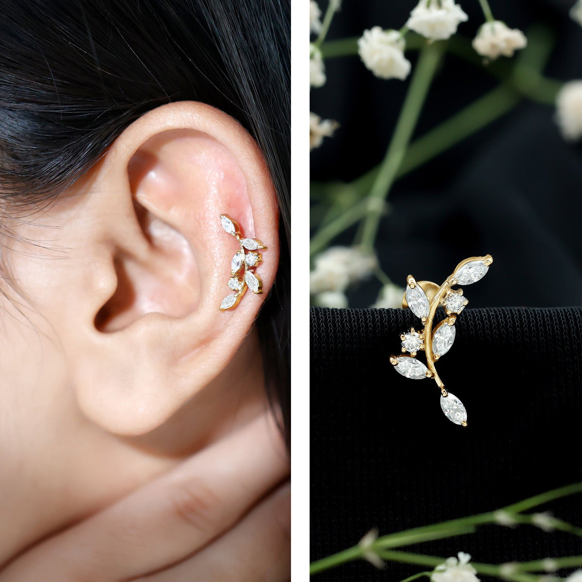 Womens Marquise Diamond Leaf Crawler Earring