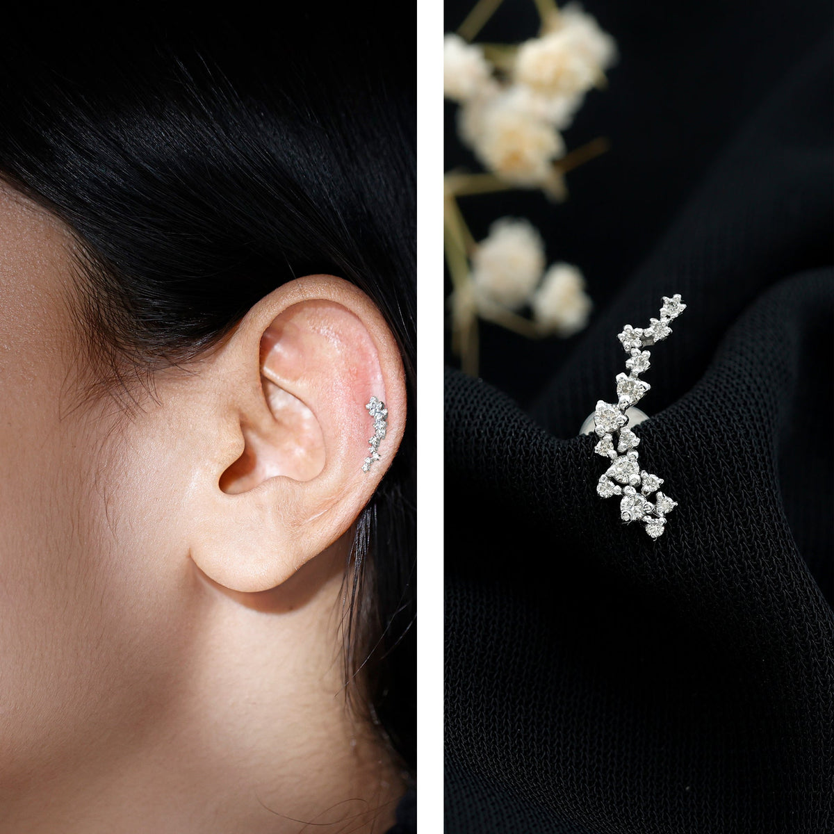 Diamond Cluster Crawler Earring for Helix Piercing